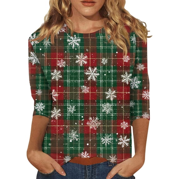 Women's Christmas Print Round Neck 3/4 Sleeve Relaxed Pullover - Light Green - XXXXXL