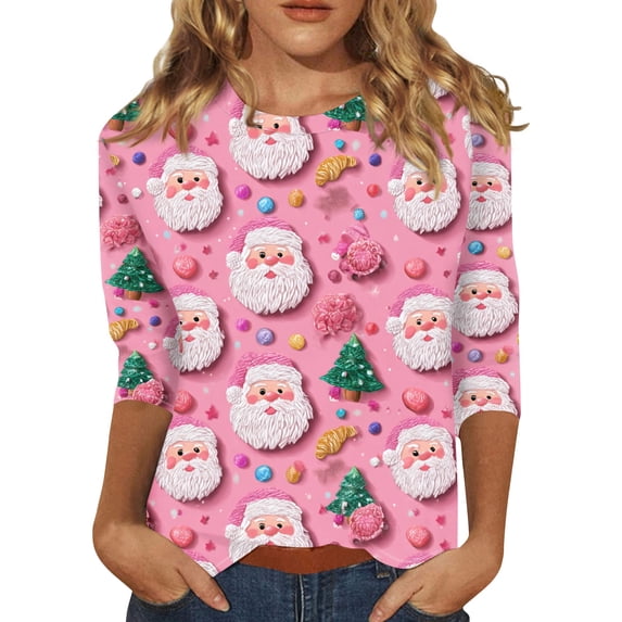 Women's Christmas Print Round Neck 3/4 Sleeve Relaxed Pullover - Pink - XXXXXL
