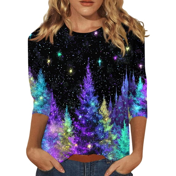 Women's Christmas Print Round Neck 3/4 Sleeve Relaxed Pullover - Purple - XL