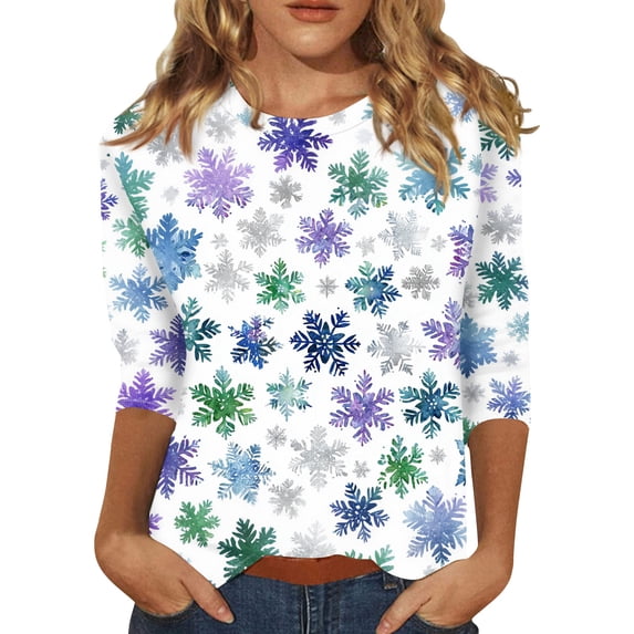 Women's Christmas Print Round Neck 3/4 Sleeve Relaxed Pullover - White - XXXXXL