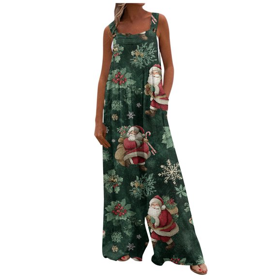 Women's Christmas Print Solid Wide-Leg Strapless Tank Jumpsuit with Pockets, Green, Size S