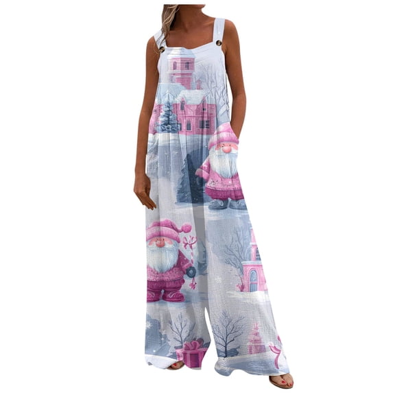 Women's Christmas Print Solid Wide-Leg Strapless Tank Jumpsuit with Pockets, Purple, Size S
