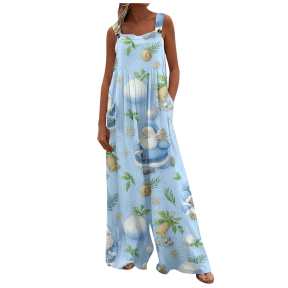 Women's Christmas Print Solid Wide-Leg Strapless Tank Jumpsuit with Pockets, Sky Blue, Size M