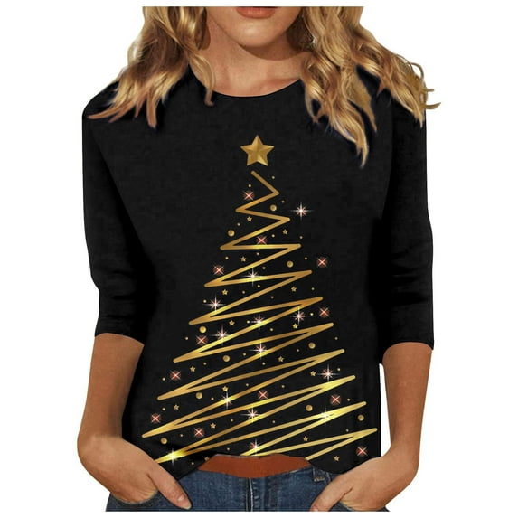 Women's Christmas Print Tops Women Merry Christmas Graphic Tee Crew Neck 3/4 Sleeve Holiday T-Shirt Gift Shirt