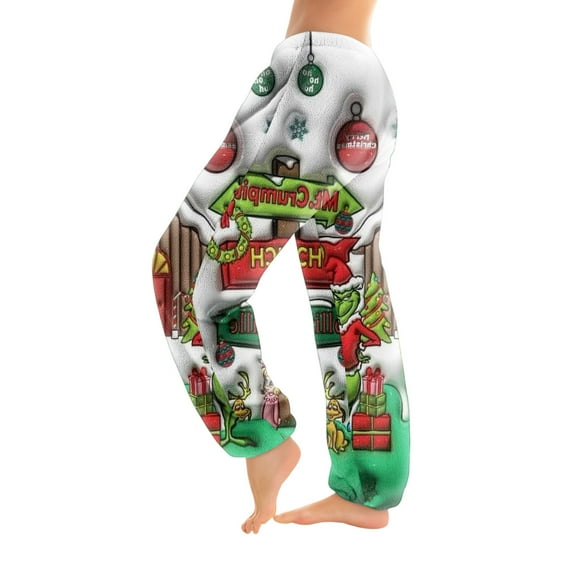 Women's Christmas Print Trousers With Drawstring Cuffs Casual Pants And Pajamas