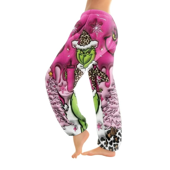 Women's Christmas Print Trousers With Drawstring Cuffs Casual Pants And Pajamas