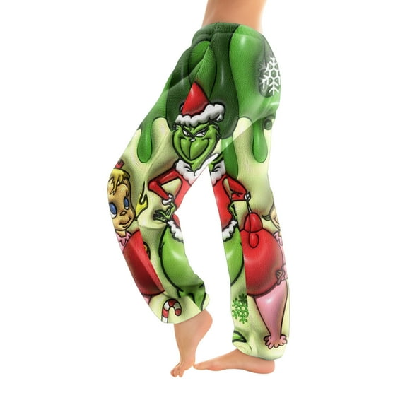 Women's Christmas Print Trousers With Drawstring Cuffs Casual Pants And Pajamas