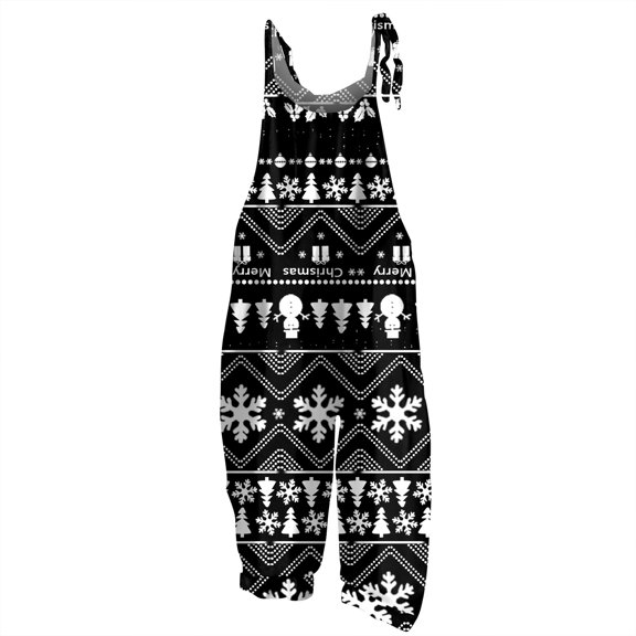 Women's Christmas Print Vintage Jumpsuit - Loose Casual Cotton Linen Shoulder Strap Romper, Black Size XXL