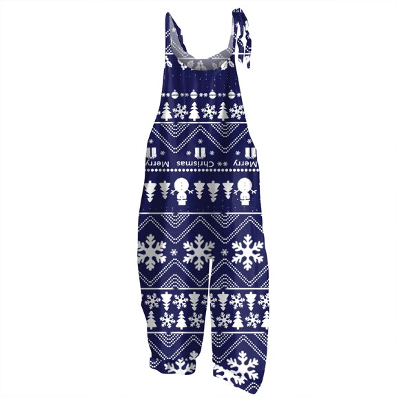 Women's Christmas Print Vintage Jumpsuit - Loose Casual Cotton Linen Shoulder Strap Romper, Dark Blue Size S