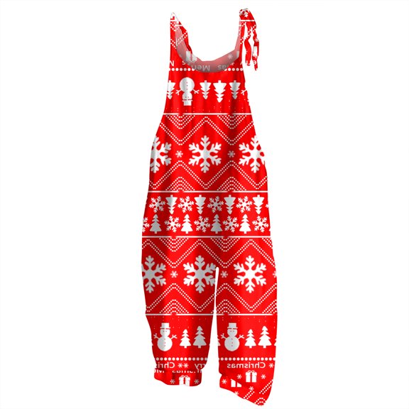 Women's Christmas Print Vintage Jumpsuit - Loose Casual Cotton Linen Shoulder Strap Romper, Red Size XXL
