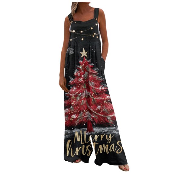 Women's Christmas Print Wide Leg Overalls - Strapless Tank With Pockets Casual Solid Color Onesie, Black Size S