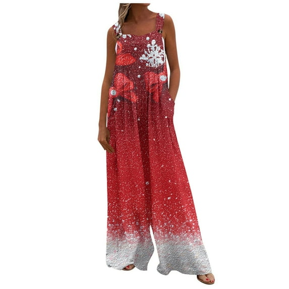 Women's Christmas Print Wide Leg Overalls - Strapless Tank With Pockets Casual Solid Color Onesie, Light Gray Size XL
