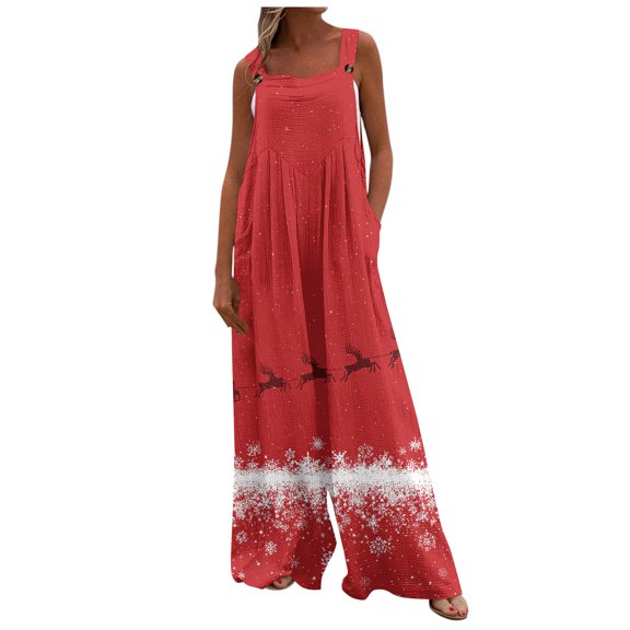 Women's Christmas Print Wide Leg Overalls - Strapless Tank With Pockets Casual Solid Color Onesie, Light Pink Size XXL