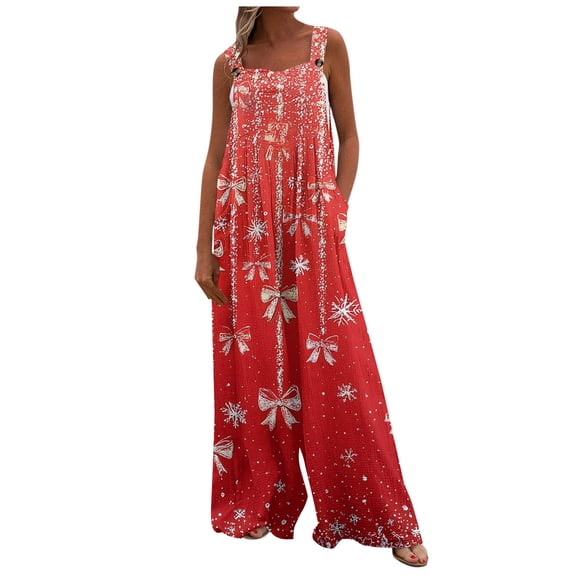 Women's Christmas Print Wide Leg Overalls - Strapless Tank With Pockets Casual Solid Color Onesie, Vermilion Size XXL