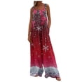 thumbnail image 1 of Women's Christmas Print Wide-Leg Strapless Tank Jumpsuit, Casual Style with Pockets, Dark Red, Size L, 1 of 6