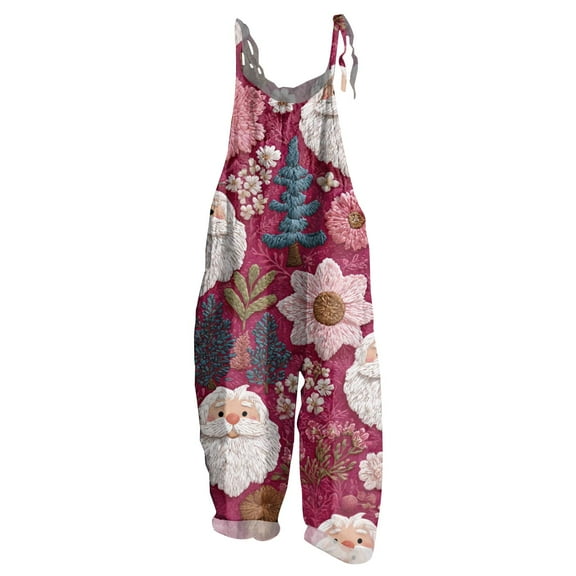 Women's Christmas Printed Cotton Linen Jumpsuit - Casual Loose Retro Overalls With Pockets, Wine Red Size M