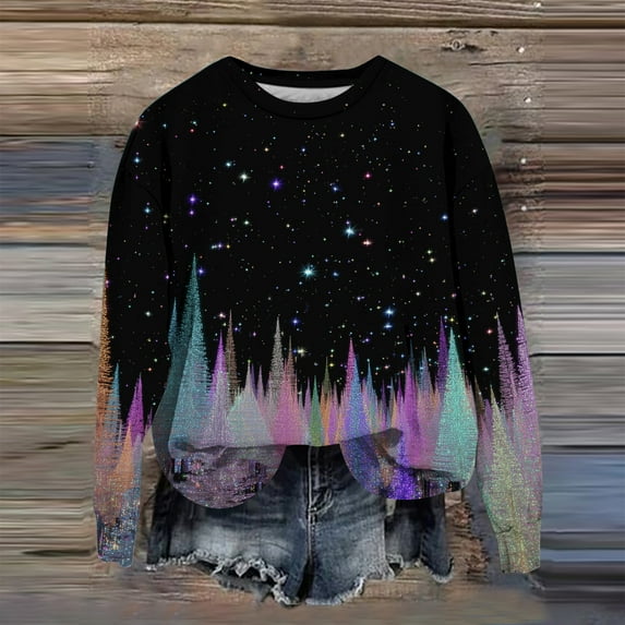 Women's Christmas Printed Crewneck Sweatshirt, Funny Long Sleeve Casual Pullover Top, Weekend Lounge Holiday Graphic Sportswear,Light Purple,M