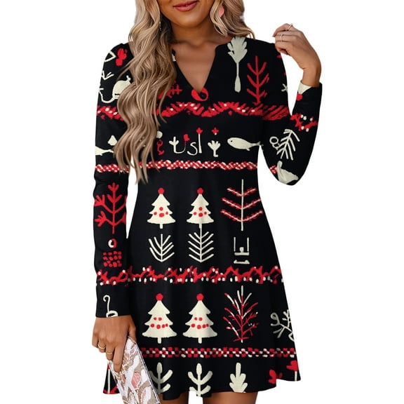 Women's Christmas Printed Dress Loose Fit V-Neck Casual Long Sleeve Holiday Party Dress, Flowy A-Line Vintage Style with Festive Pattern,Black,Size 2XL
