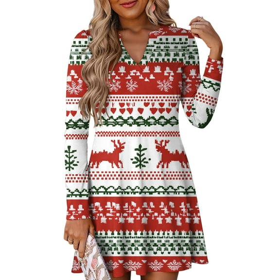 Women's Christmas Printed Dress Loose Fit V-Neck Casual Long Sleeve Holiday Party Dress, Flowy A-Line Vintage Style with Festive Pattern,Hot Pink,Size L