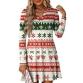 thumbnail image 1 of Women's Christmas Printed Dress Loose Fit V-Neck Casual Long Sleeve Holiday Party Dress, Flowy A-Line Vintage Style with Festive Pattern,Vermilion,Size S, 1 of 5