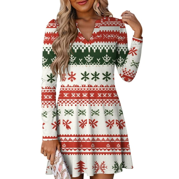 Women's Christmas Printed Dress Loose Fit V-Neck Casual Long Sleeve Holiday Party Dress, Flowy A-Line Vintage Style with Festive Pattern,Vermilion,Size XL
