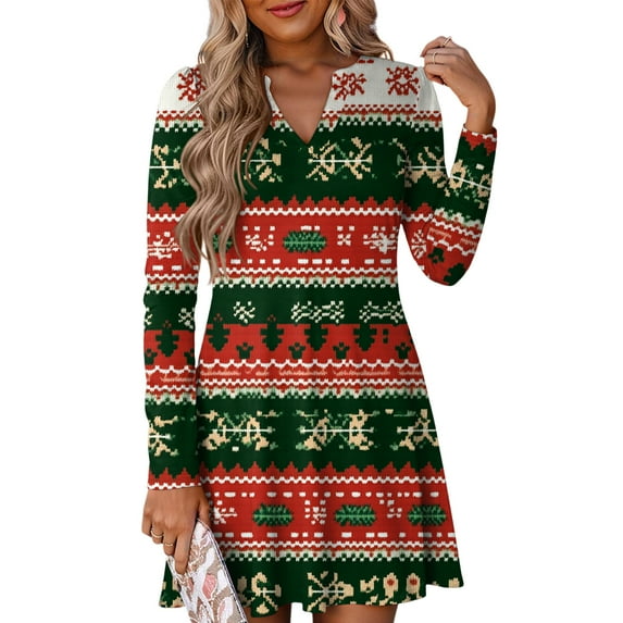 Women's Christmas Printed Dress Loose Fit V-Neck Casual Long Sleeve Holiday Party Dress, Flowy A-Line Vintage Style with Festive Pattern,Watermelon Red,Size S
