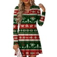 thumbnail image 1 of Women's Christmas Printed Dress Loose Fit V-Neck Casual Long Sleeve Holiday Party Dress, Flowy A-Line Vintage Style with Festive Pattern,White,Size 2XL, 1 of 5