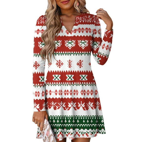Women's Christmas Printed Dress Loose Fit V-Neck Casual Long Sleeve Holiday Party Dress, Flowy A-Line Vintage Style with Festive Pattern,Pink,Size L