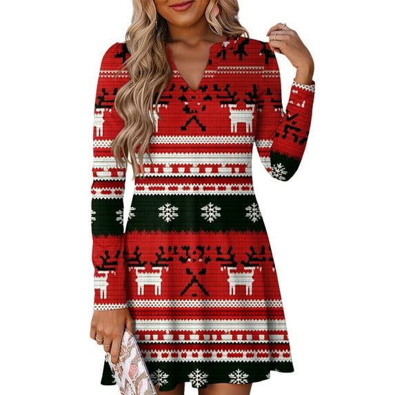 Women's Christmas Printed Dress Loose Fit V-Neck Casual Long Sleeve Holiday Party Dress, Flowy A-Line Vintage Style with Festive Pattern,Red,Size XL