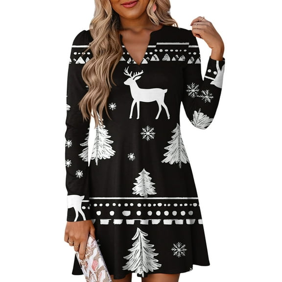 Women's Christmas Printed Dress Loose Fit V-Neck Casual Long Sleeze Holiday Party Dress, Flowy A-Line Vintage Style with Festive Pattern,Dark Gray,Size L