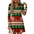 thumbnail image 1 of Women's Christmas Printed Dress Loose Fit V-Neck Casual Long Sleeze Holiday Party Dress, Flowy A-Line Vintage Style with Festive Pattern,Dark Green,Size 2XL, 1 of 5