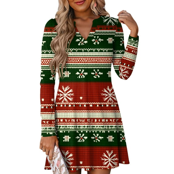 Women's Christmas Printed Dress Loose Fit V-Neck Casual Long Sleeze Holiday Party Dress, Flowy A-Line Vintage Style with Festive Pattern,Dark Green,Size S