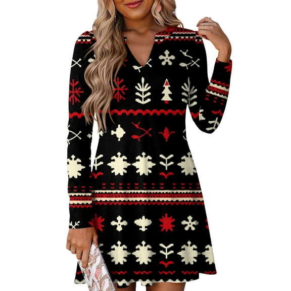Women's Christmas Printed Dress Loose Fit V-Neck Casual Long Sleeze Holiday Party Dress, Flowy A-Line Vintage Style with Festive Pattern,Gray,Size M