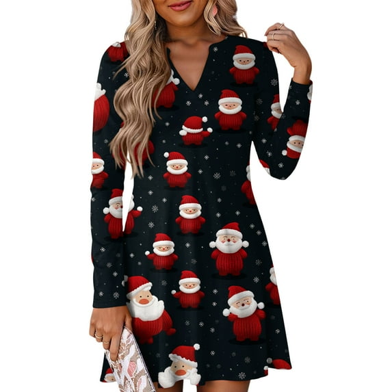 Women's Christmas Printed Dress Loose Fit V-Neck Casual Long Sleeze Holiday Party Dress, Flowy A-Line Vintage Style with Festive Pattern,Wine,Size M