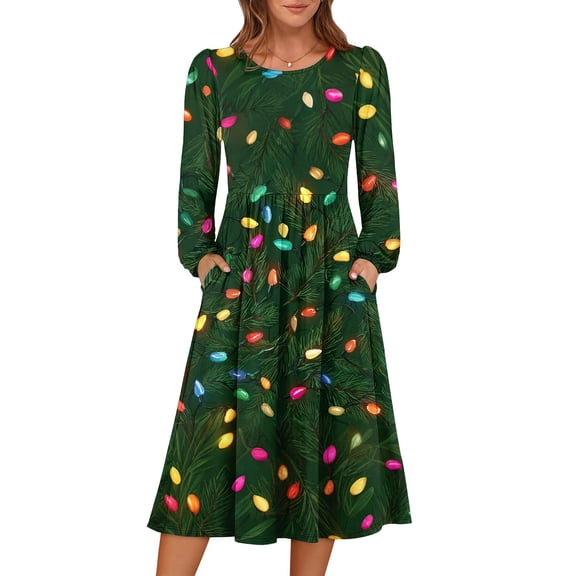 Women's Christmas Printed Fashionable Loose Round-Neck Dress, Holiday Print, Casual Wear, Retro Style, Comfort Fit, Everyday Dress, Festive,Army Green,S