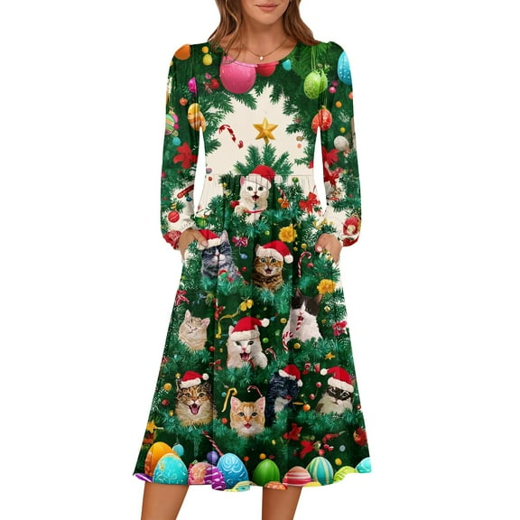 Women's Christmas Printed Fashionable Loose Round-Neck Dress, Holiday Print, Casual Wear, Retro Style, Comfort Fit, Everyday Dress, Festive,Army Green,S