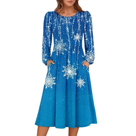 Women's Christmas Printed Fashionable Loose Round-Neck Dress, Holiday Print, Casual Wear, Retro Style, Comfort Fit, Everyday Dress, Festive,Blue,M