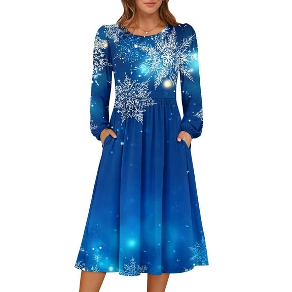 Women's Christmas Printed Fashionable Loose Round-Neck Dress, Holiday Print, Casual Wear, Retro Style, Comfort Fit, Everyday Dress, Festive,Blue,S