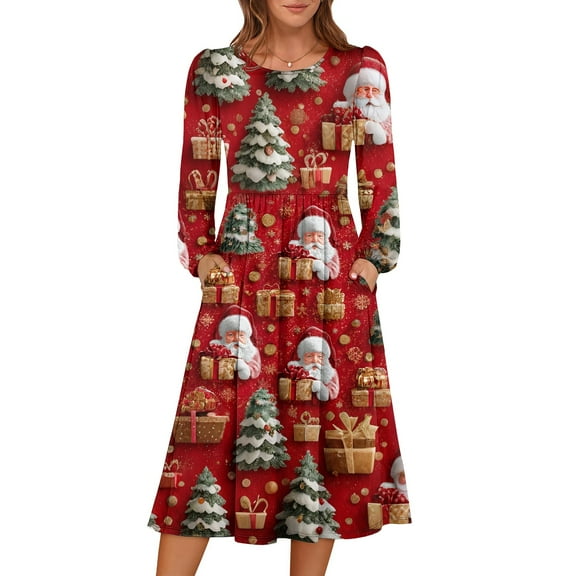 Women's Christmas Printed Fashionable Loose Round-Neck Dress, Holiday Print, Casual Wear, Retro Style, Comfort Fit, Everyday Dress, Festive,Deep Red,S