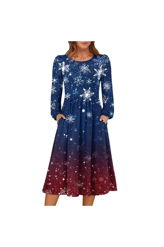 Women's Christmas Printed Fashionable Loose Round-Neck Dress, Holiday Print, Casual Wear, Retro Style, Comfort Fit, Everyday Dress, Festive,Light Blue,M