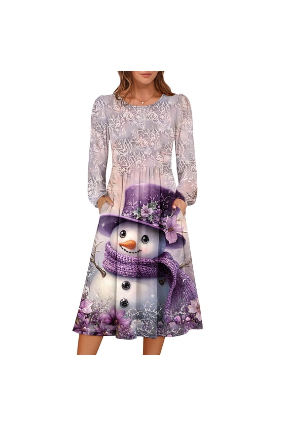 Women's Christmas Printed Fashionable Loose Round-Neck Dress, Holiday Print, Casual Wear, Retro Style, Comfort Fit, Everyday Dress, Festive,Purple,2XL