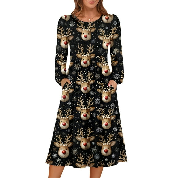 Women's Christmas Printed Fashionable Loose Round-Neck Dress, Holiday Print, Casual Wear, Retro Style, Comfort Fit, Everyday Dress, Festive,Saffron,S