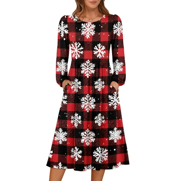 Women's Christmas Printed Fashionable Loose Round-Neck Dress for Casual Comfort and Holiday Festivities with Vintage Print,Deep Red,XL