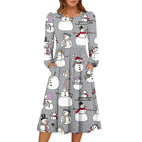Women's Christmas Printed Fashionable Loose Round-Neck Dress for Casual Comfort and Holiday Festivities with Vintage Print,Gray,L