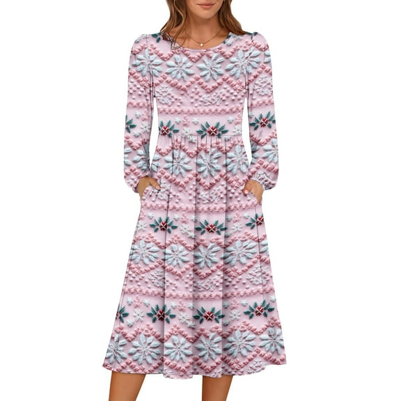 Women's Christmas Printed Fashionable Loose Round-Neck Dress for Casual Comfort and Holiday Festivities with Vintage Print,Pink,L