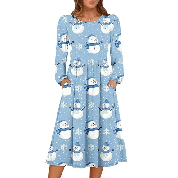 Women's Christmas Printed Fashionable Loose Round-Neck Dress for Casual Comfort and Holiday Festivities with Vintage Print,Sky Blue,2XL