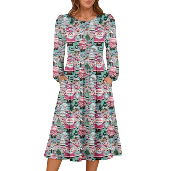 Women's Christmas Printed Fashionable Loose Round-Neck Dress for Casual Comfort and Holiday Festivities with Vintage Print,Sky Blue,XL