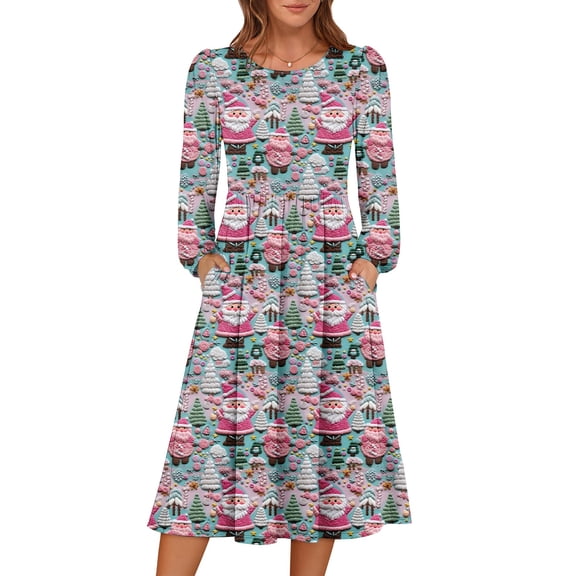 Women's Christmas Printed Fashionable Loose Round-Neck Dress for Casual Comfort and Holiday Festivities with Vintage Print,Sky Blue,XL