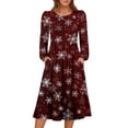 thumbnail image 1 of Women's Christmas Printed Fashionable Loose Round-Neck Dress for Casual Comfort and Holiday Festivities with Vintage Print,Wine,L, 1 of 5