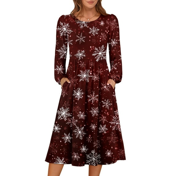Women's Christmas Printed Fashionable Loose Round-Neck Dress for Casual Comfort and Holiday Festivities with Vintage Print,Wine,L
